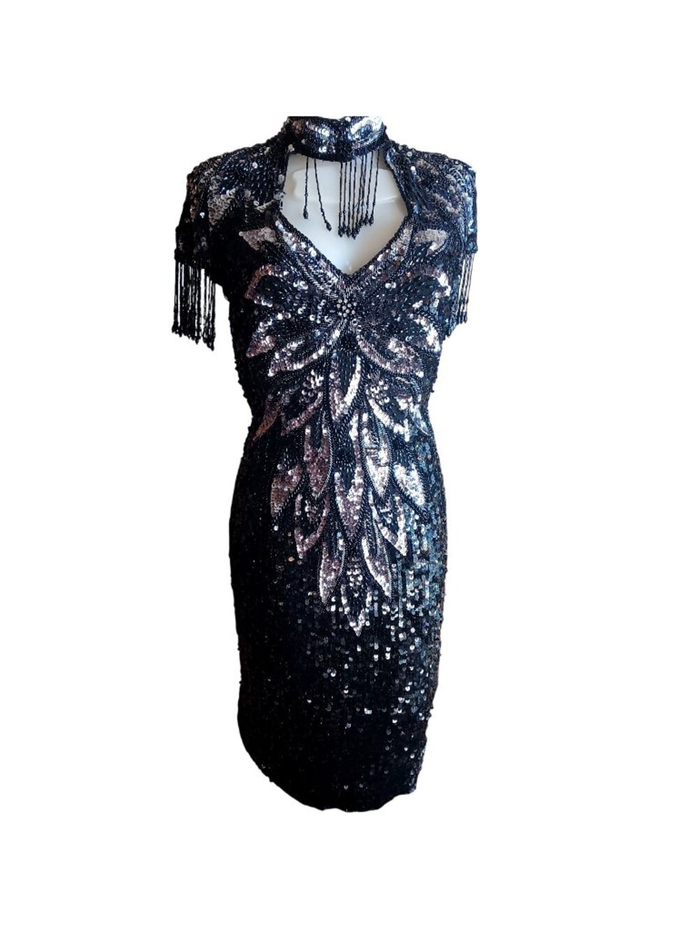 sz 4 Vintage Sequin  Beaded Black Dress Fringe Sleeves Choker Necklace Nite Line